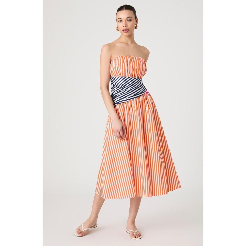 French Connection Orange Striped Strapless Cotton Midi Dress Size 8